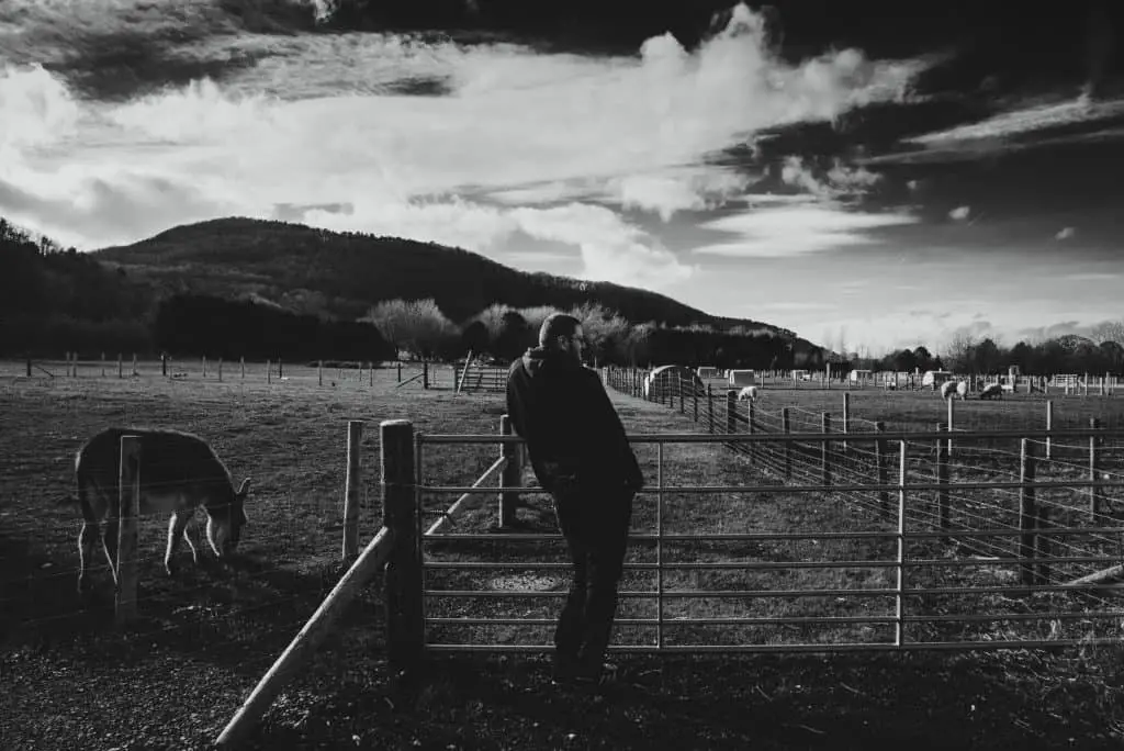 man leaning on fence